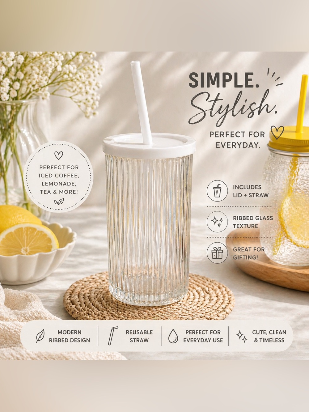 Ribbed Glass Tumbler w/ Lid & Straw Clear Minimal Aesthetic Drink Cup
